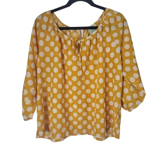 Modbe Yellow Polka Dot Blouse L Womens Long Sleeve Key Hole Front Pullover - Picture 1 of 12